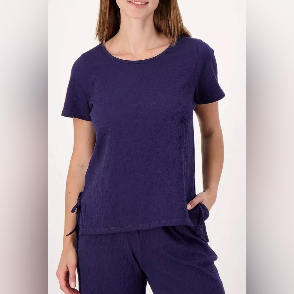 ⭐️Cuddl Duds Crinkle Jersey Short Sleeve Side Tie Top Oxford Navy Size XL⭐️NWOT
